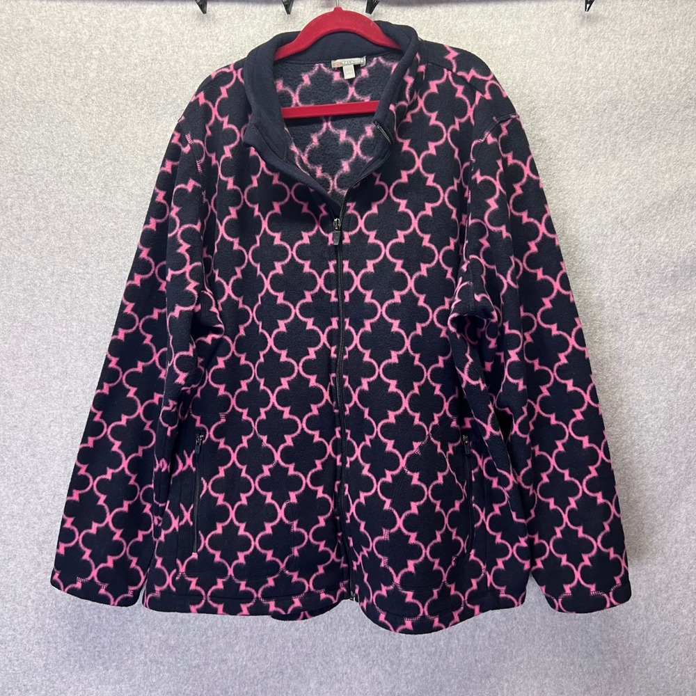 Talbots Women's 2X Petite Fleece Zip Jacket Navy Pink Quatrefoil Print 2XP